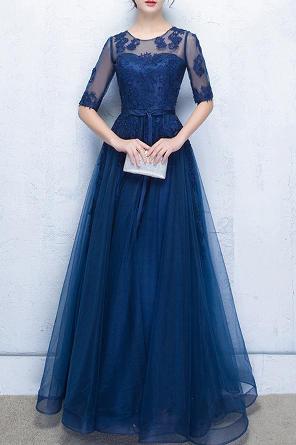 Women Lace Round Neck Half Sleeve Bow Knotted Wedding Dress