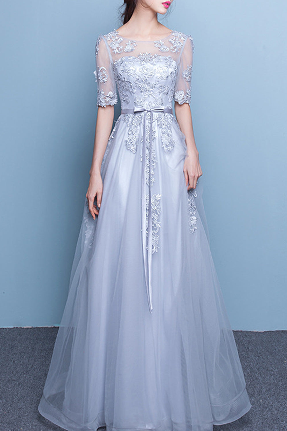 Women Lace Round Neck Half Sleeve Bow Knotted Wedding Dress