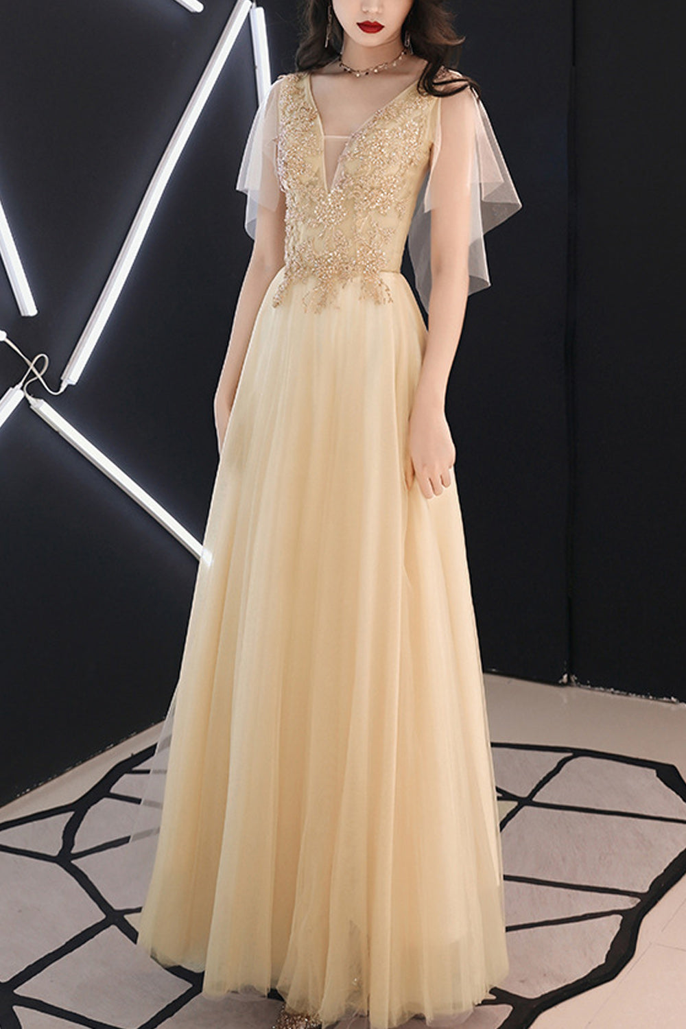 Women V-Neck Style Short Thin Sleeve Classy Long Skirt Evening Dress