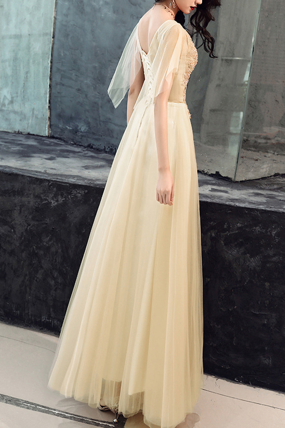 Women V-Neck Style Short Thin Sleeve Classy Long Skirt Evening Dress