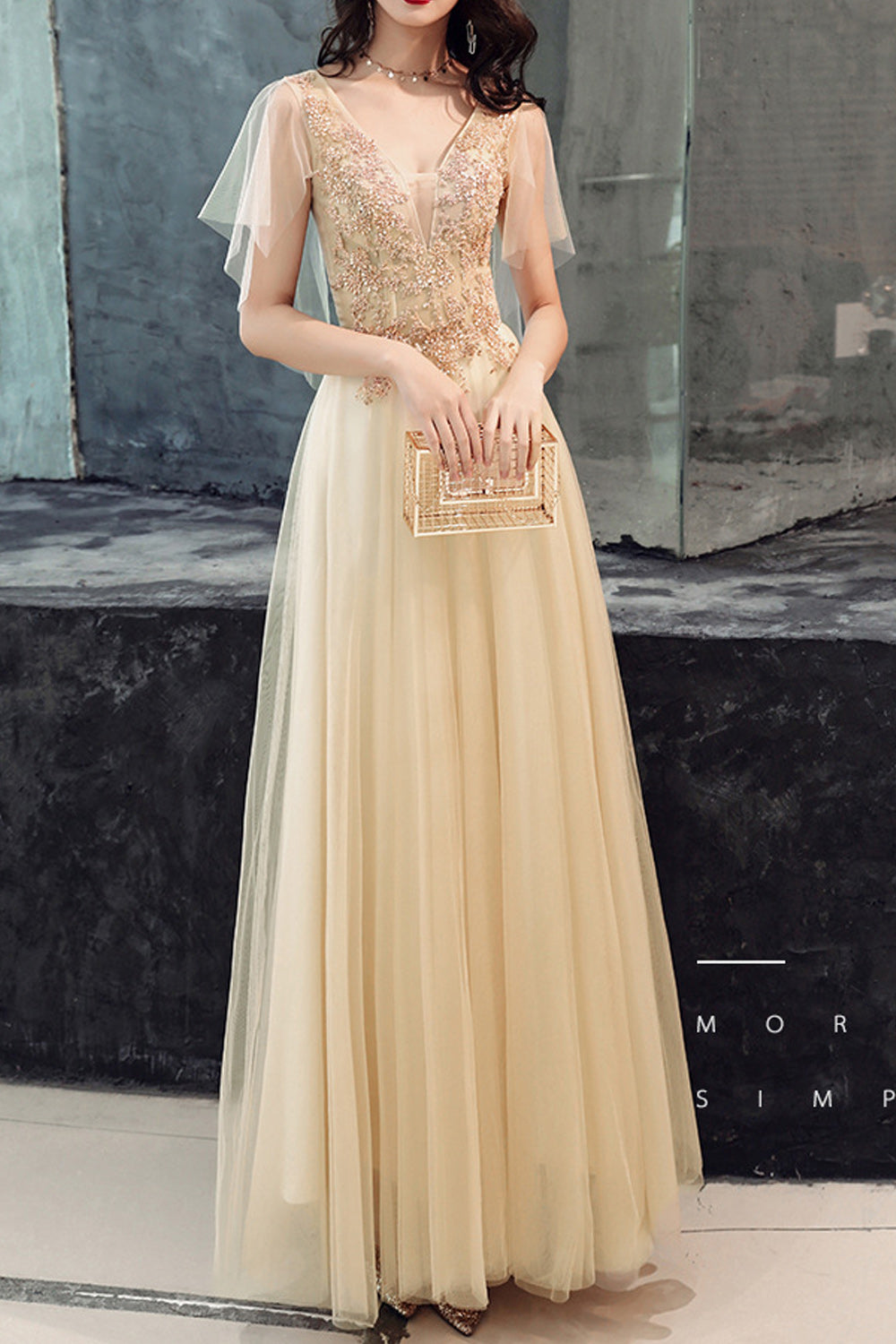 Women V-Neck Style Short Thin Sleeve Classy Long Skirt Evening Dress