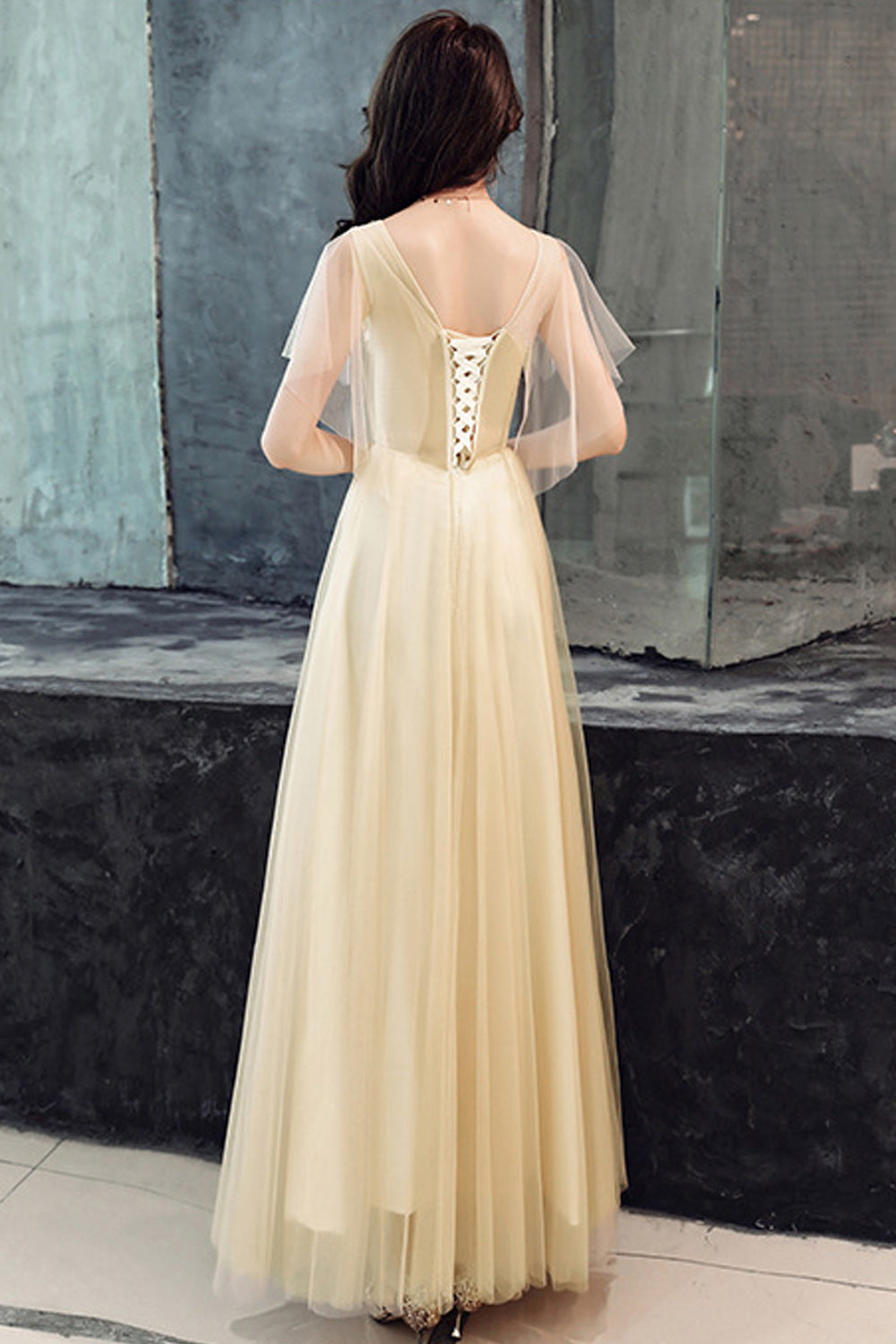 Women V-Neck Style Short Thin Sleeve Classy Long Skirt Evening Dress