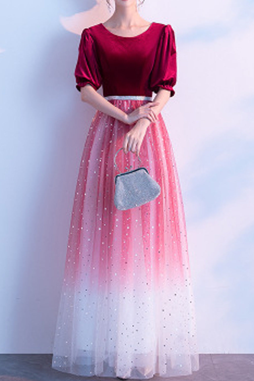 Women Easy Round Neck Shiny Star Skirt Short Sleeve Evening Dress
