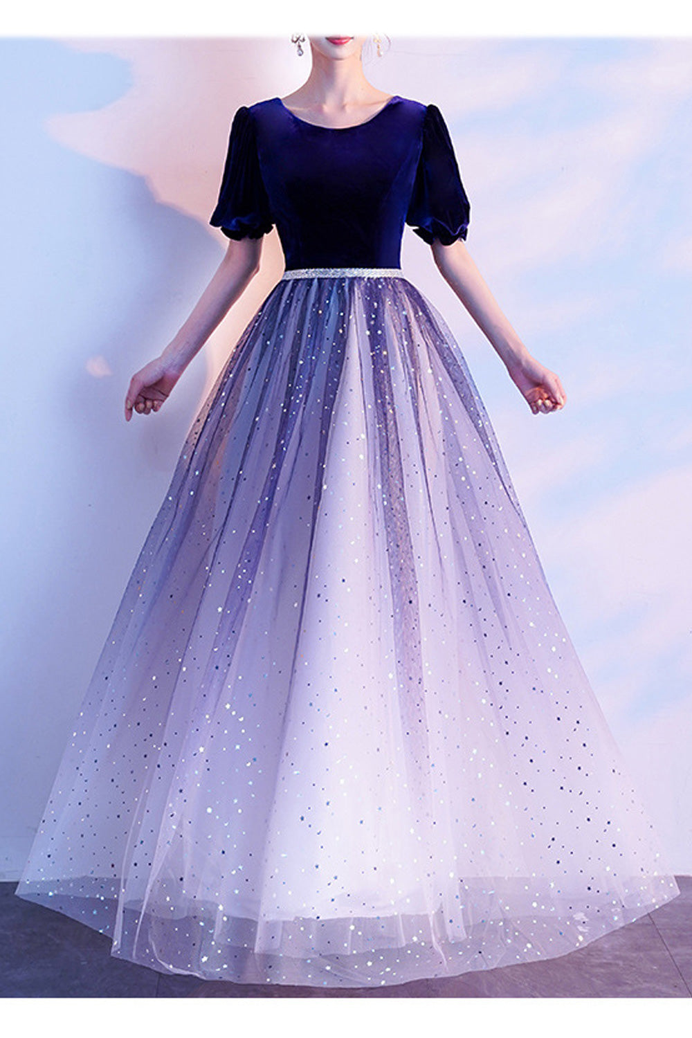 Women Easy Round Neck Shiny Star Skirt Short Sleeve Evening Dress