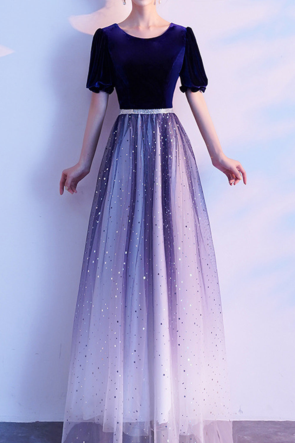 Women Easy Round Neck Shiny Star Skirt Short Sleeve Evening Dress