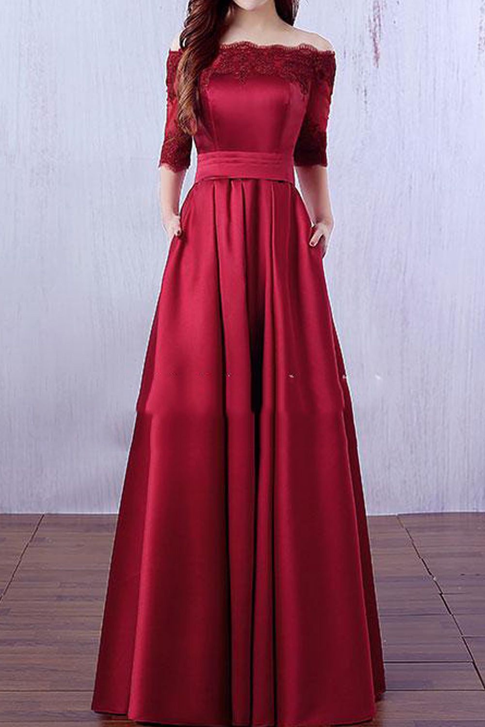 Women Off-Shoulder Short Sleeve Smooth Solid Colored Wedding Dress