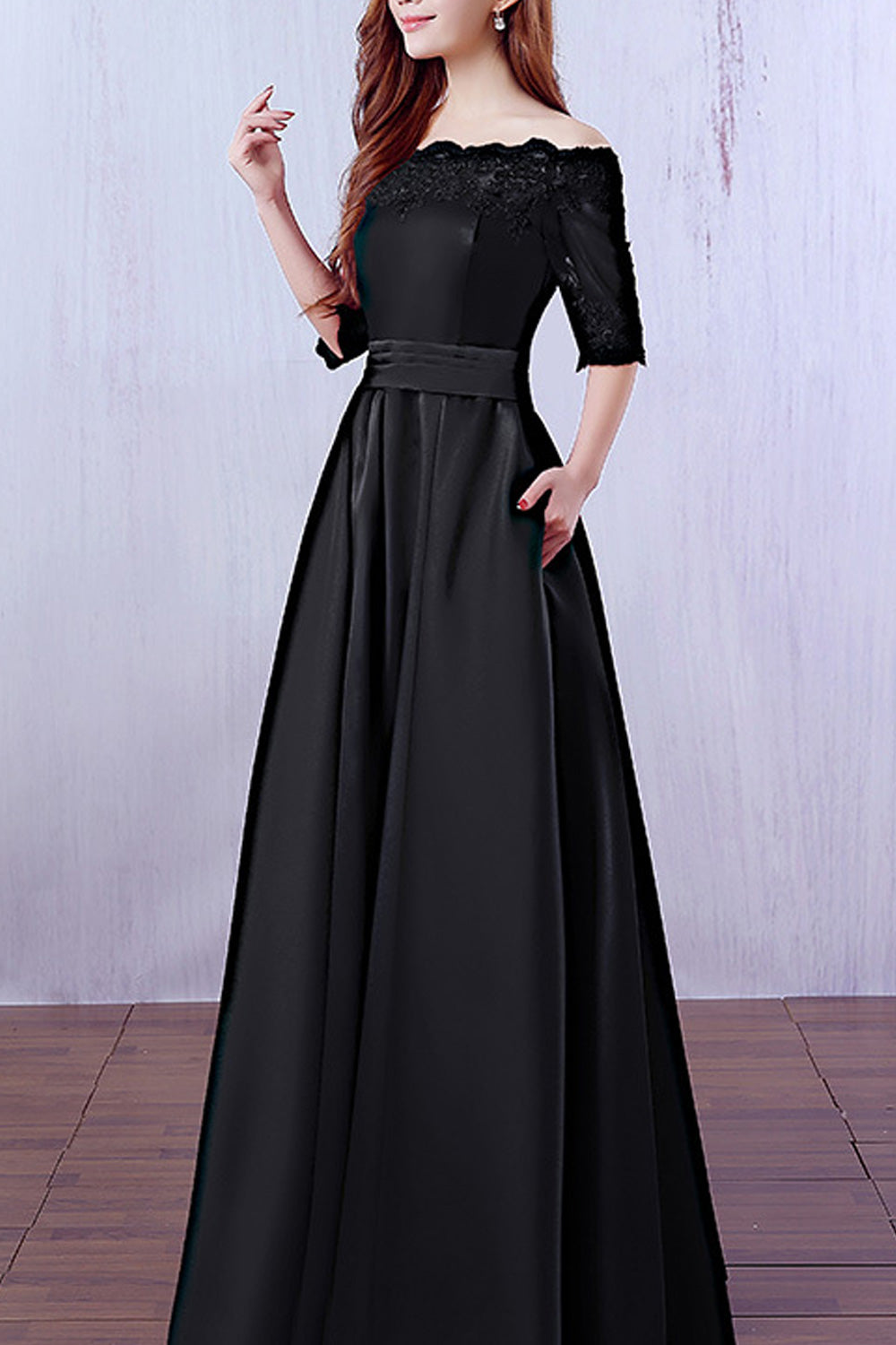 Women Off-Shoulder Short Sleeve Smooth Solid Colored Wedding Dress
