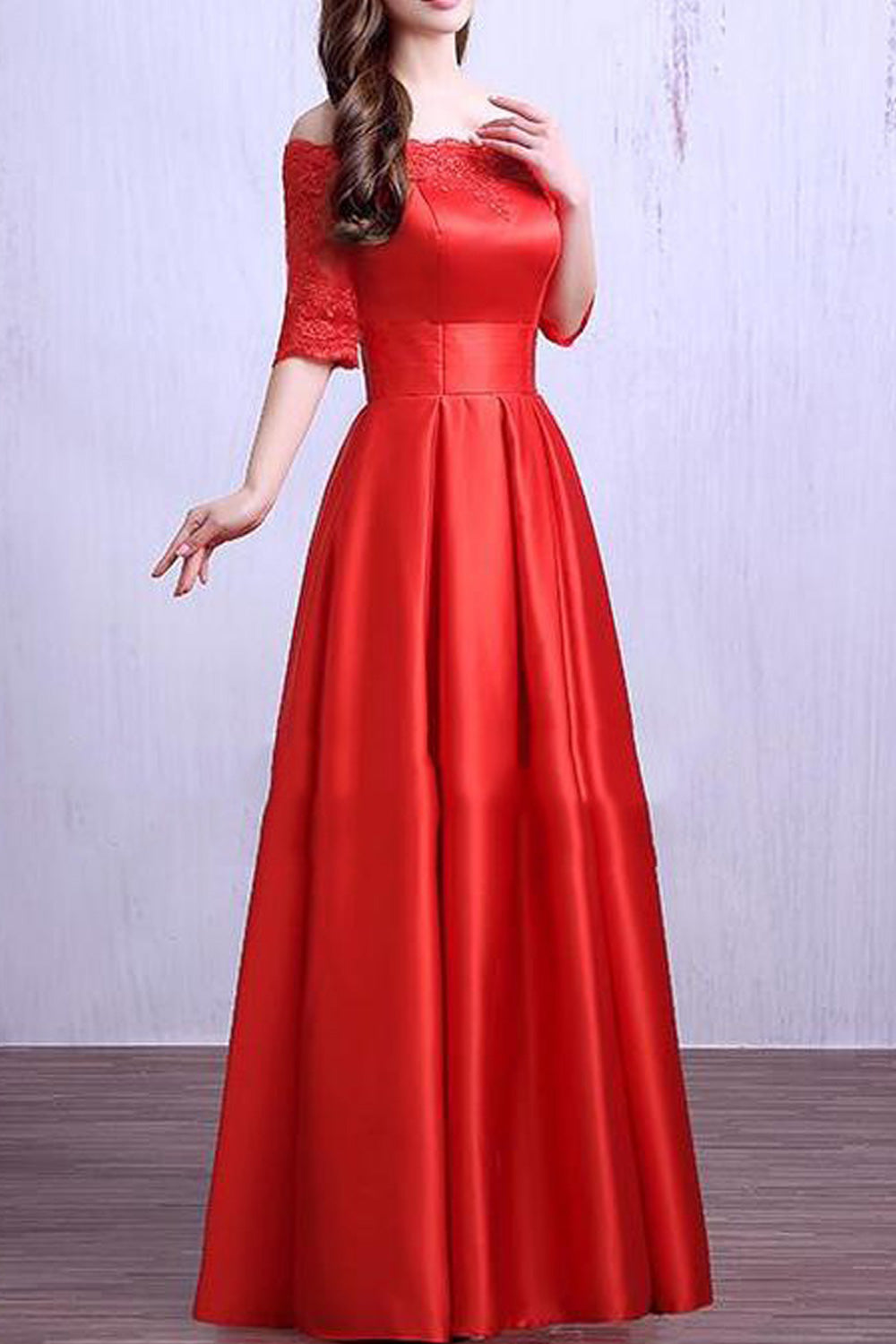 Women Off-Shoulder Short Sleeve Smooth Solid Colored Wedding Dress