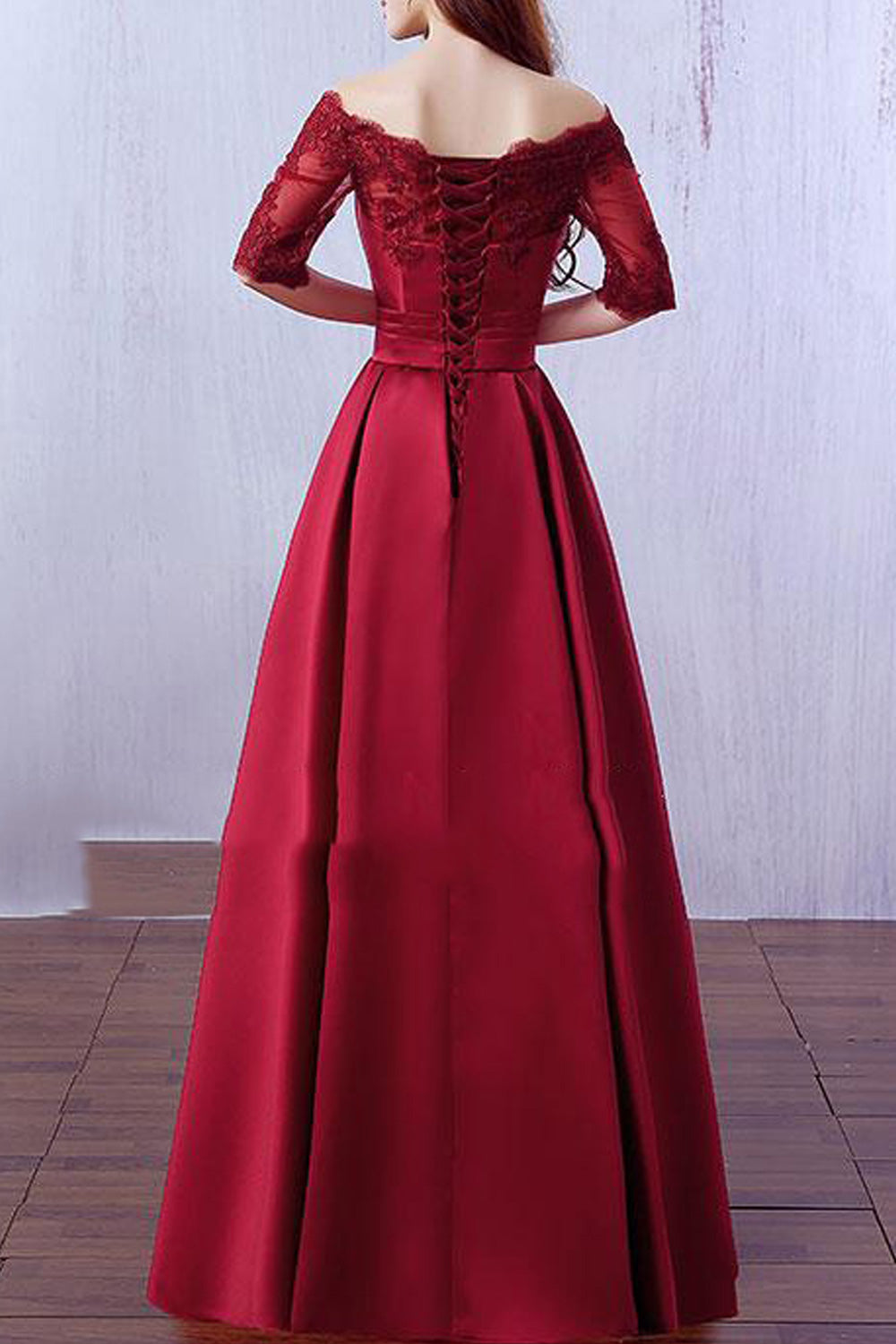 Women Off-Shoulder Short Sleeve Smooth Solid Colored Wedding Dress