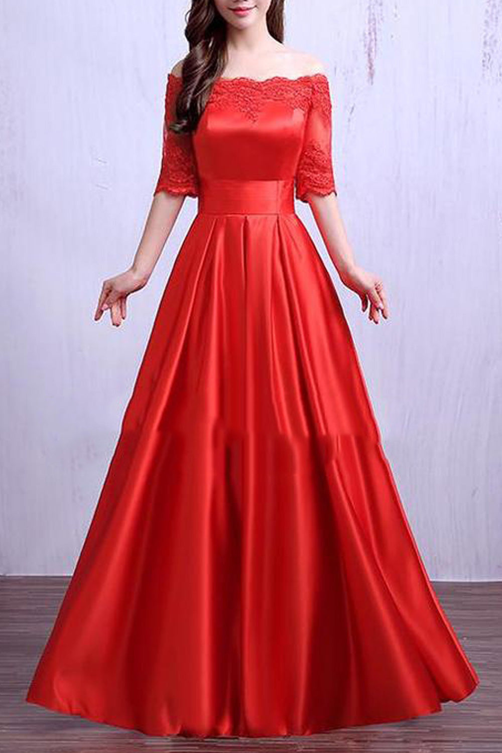 Women Off-Shoulder Short Sleeve Smooth Solid Colored Wedding Dress