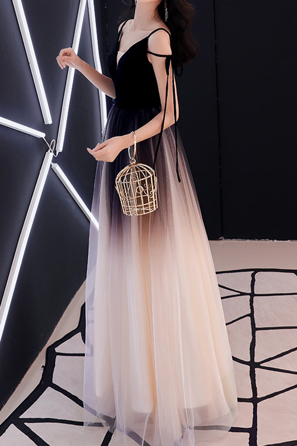 Women Deep V-Neck Strap Shoulder Shaded Style Classy Evening Dress