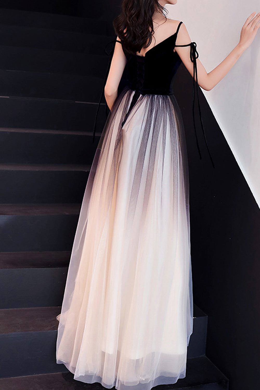 Women Deep V-Neck Strap Shoulder Shaded Style Classy Evening Dress