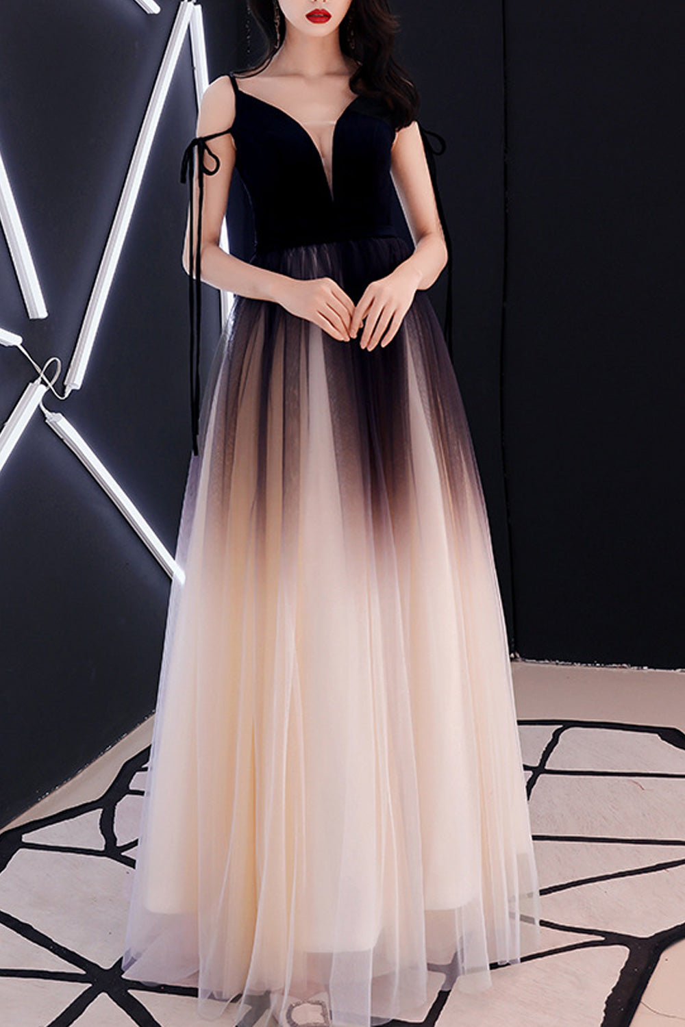 Women Deep V-Neck Strap Shoulder Shaded Style Classy Evening Dress