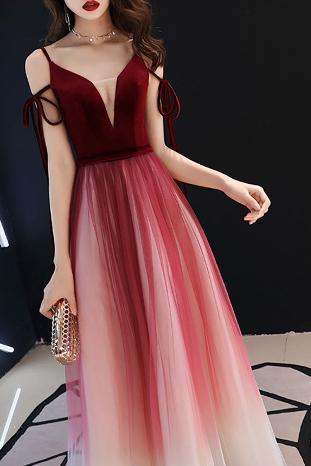 Women Deep V-Neck Strap Shoulder Shaded Style Classy Evening Dress
