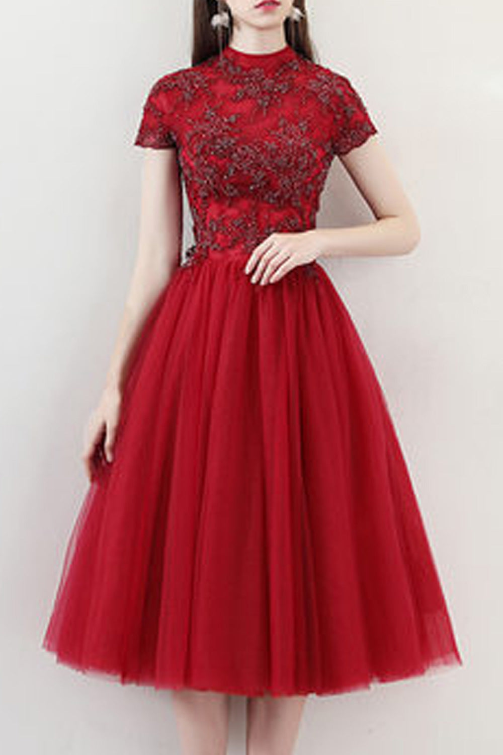 Women Short Sleeve Flower Embroidered Thin Solid Colored Wedding Dress