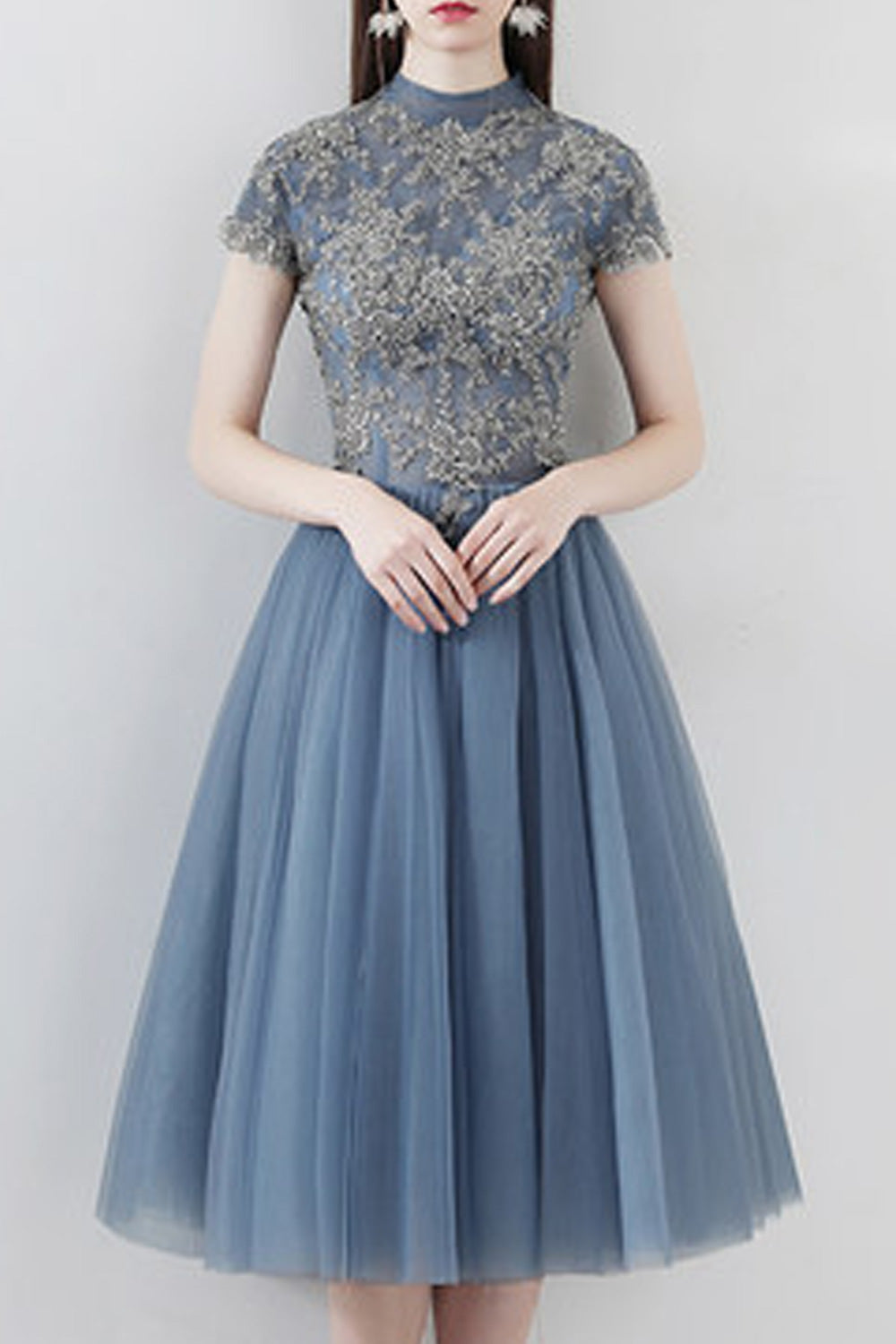 Women Short Sleeve Flower Embroidered Thin Solid Colored Wedding Dress