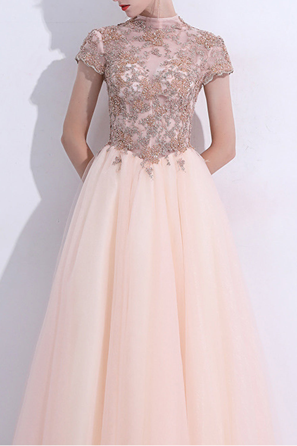 Women Short Sleeve Flower Embroidered Thin Solid Colored Wedding Dress