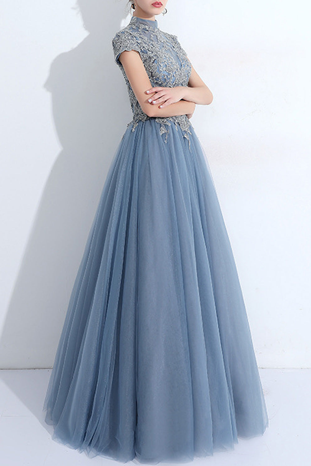 Women Short Sleeve Flower Embroidered Thin Solid Colored Wedding Dress