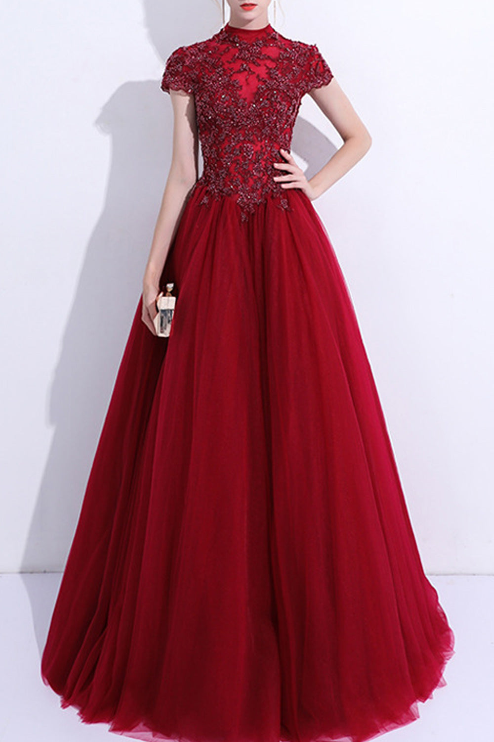 Women Short Sleeve Flower Embroidered Thin Solid Colored Wedding Dress
