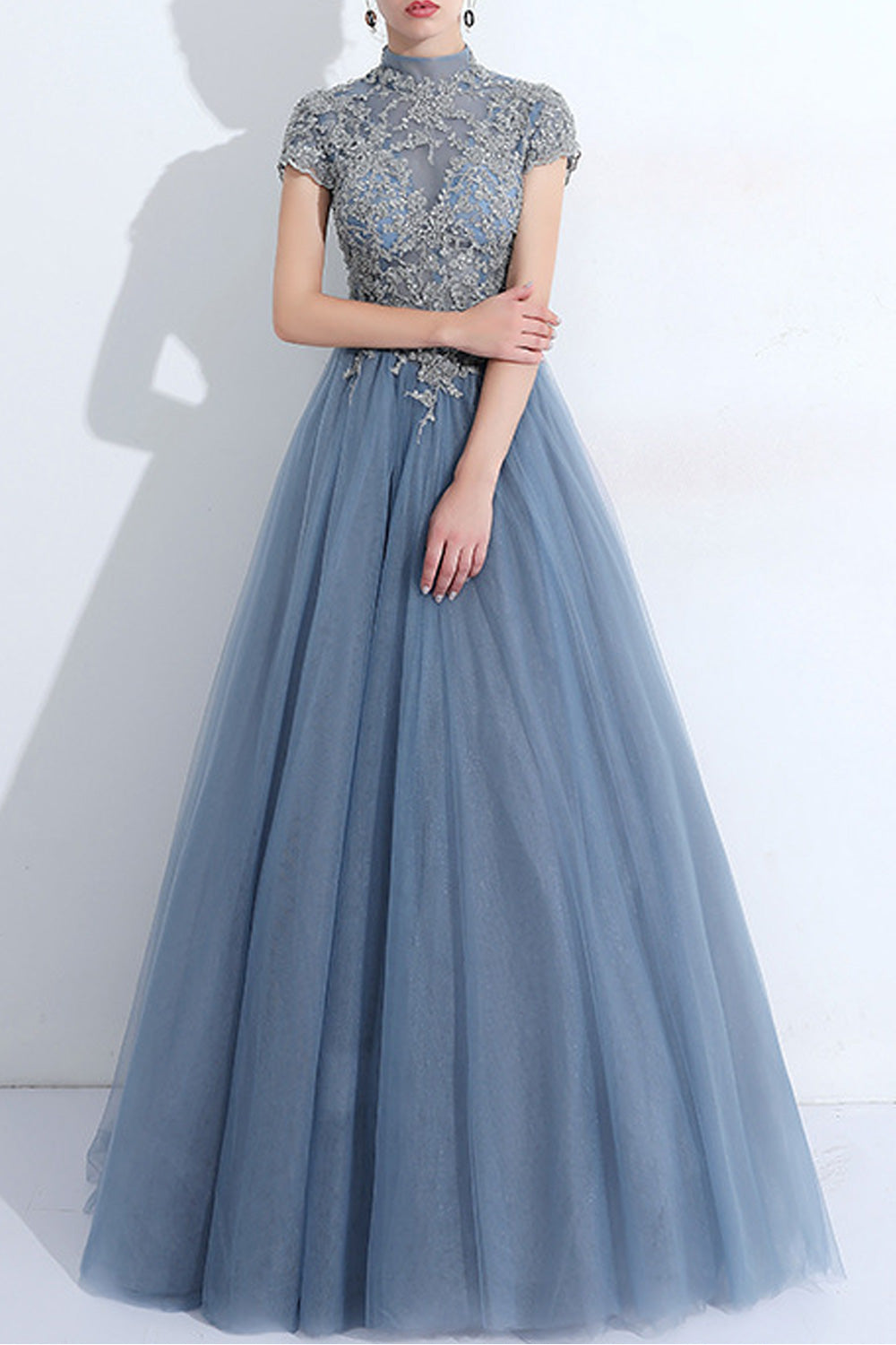 Women Short Sleeve Flower Embroidered Thin Solid Colored Wedding Dress
