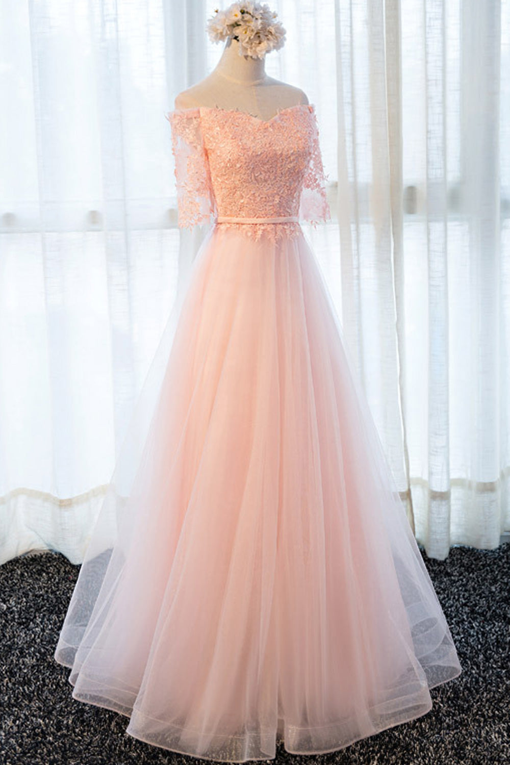 Women Pretty Floral Lace Decorated Word Neck Thin Wedding Dress