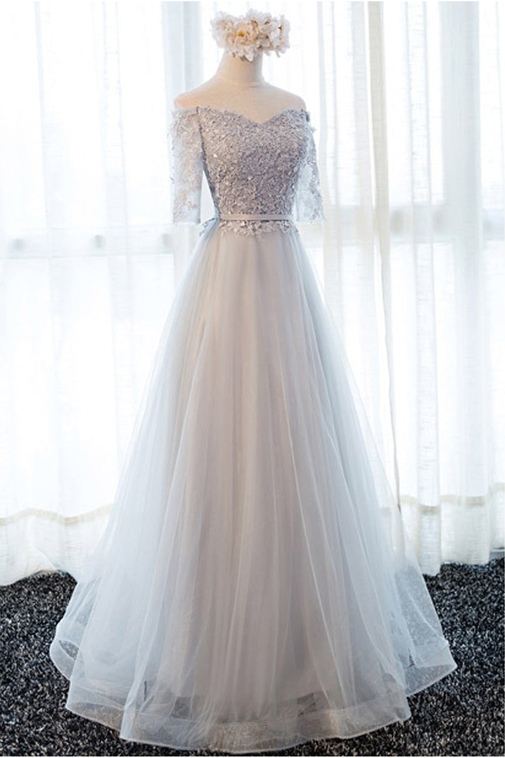Women Pretty Floral Lace Decorated Word Neck Thin Wedding Dress