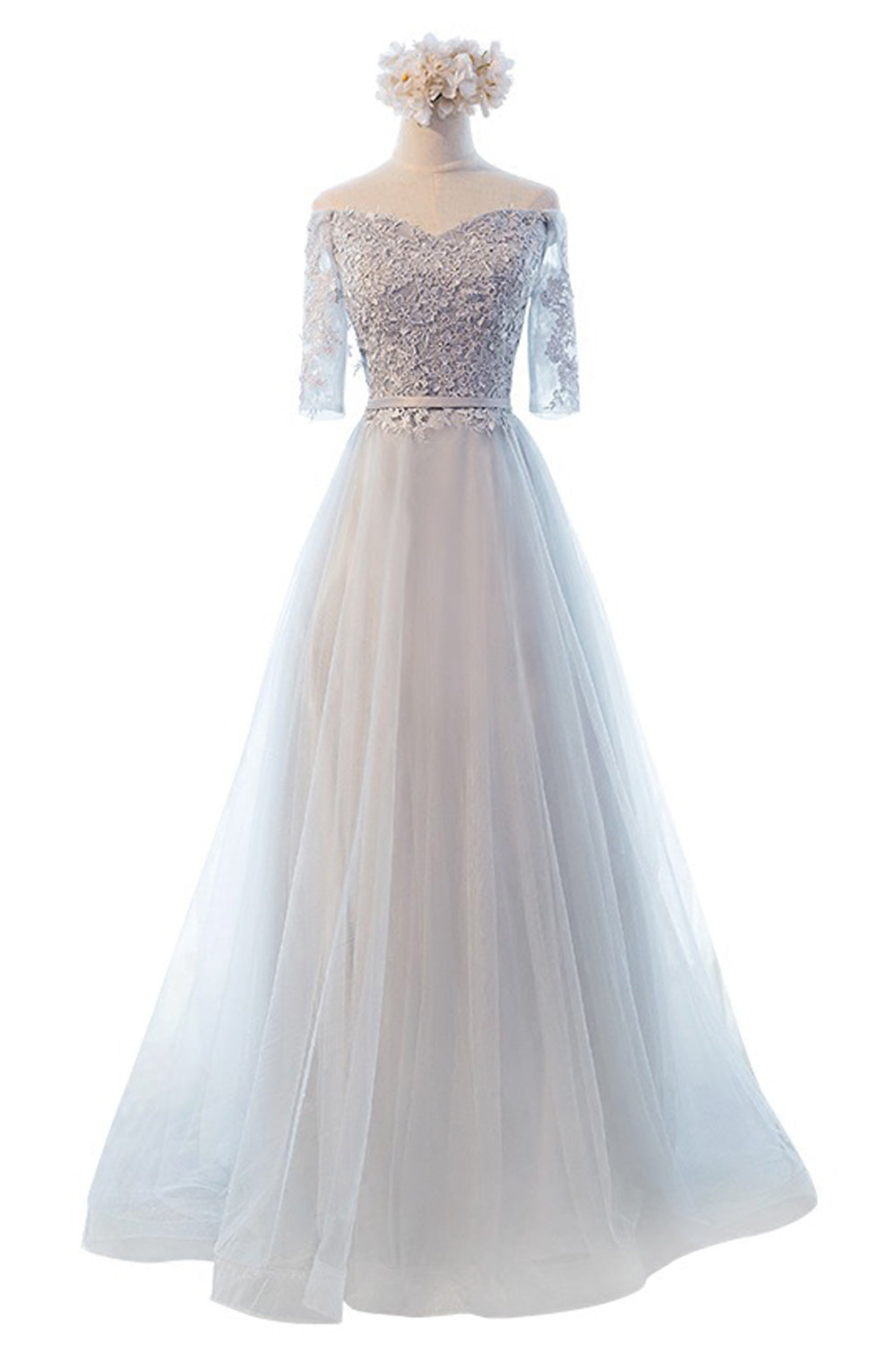 Women Pretty Floral Lace Decorated Word Neck Thin Wedding Dress