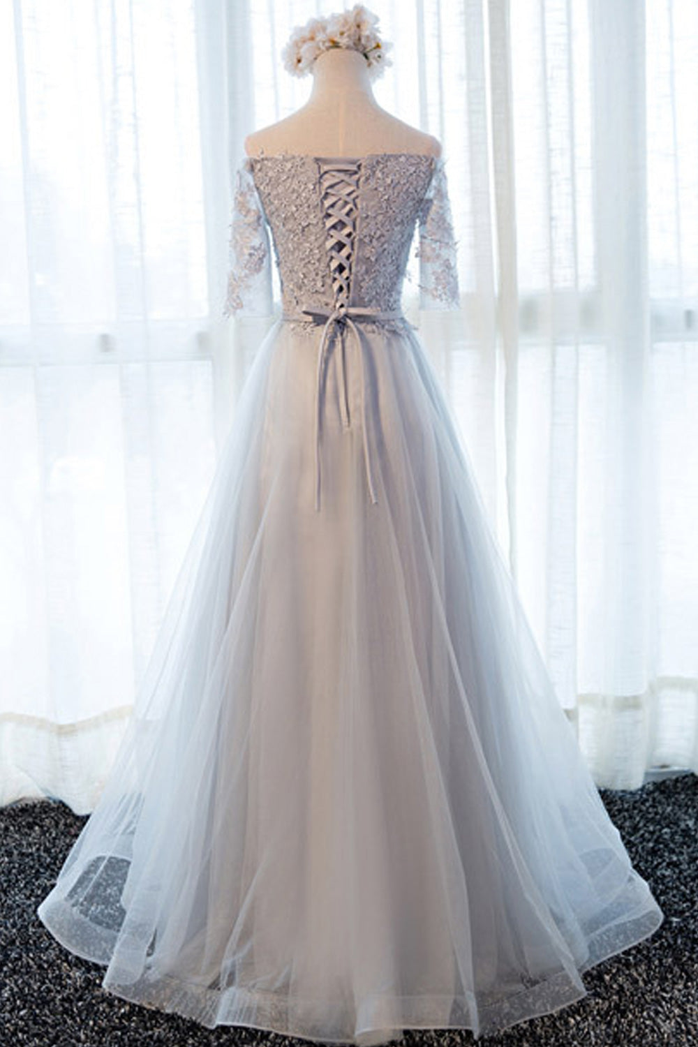 Women Pretty Floral Lace Decorated Word Neck Thin Wedding Dress