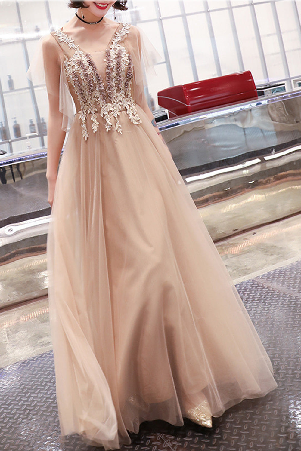 Women Flower Lace Stylish V-Neck Thin Cool Evening Dress