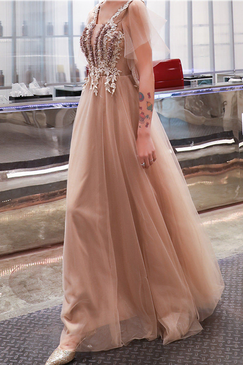 Women Flower Lace Stylish V-Neck Thin Cool Evening Dress