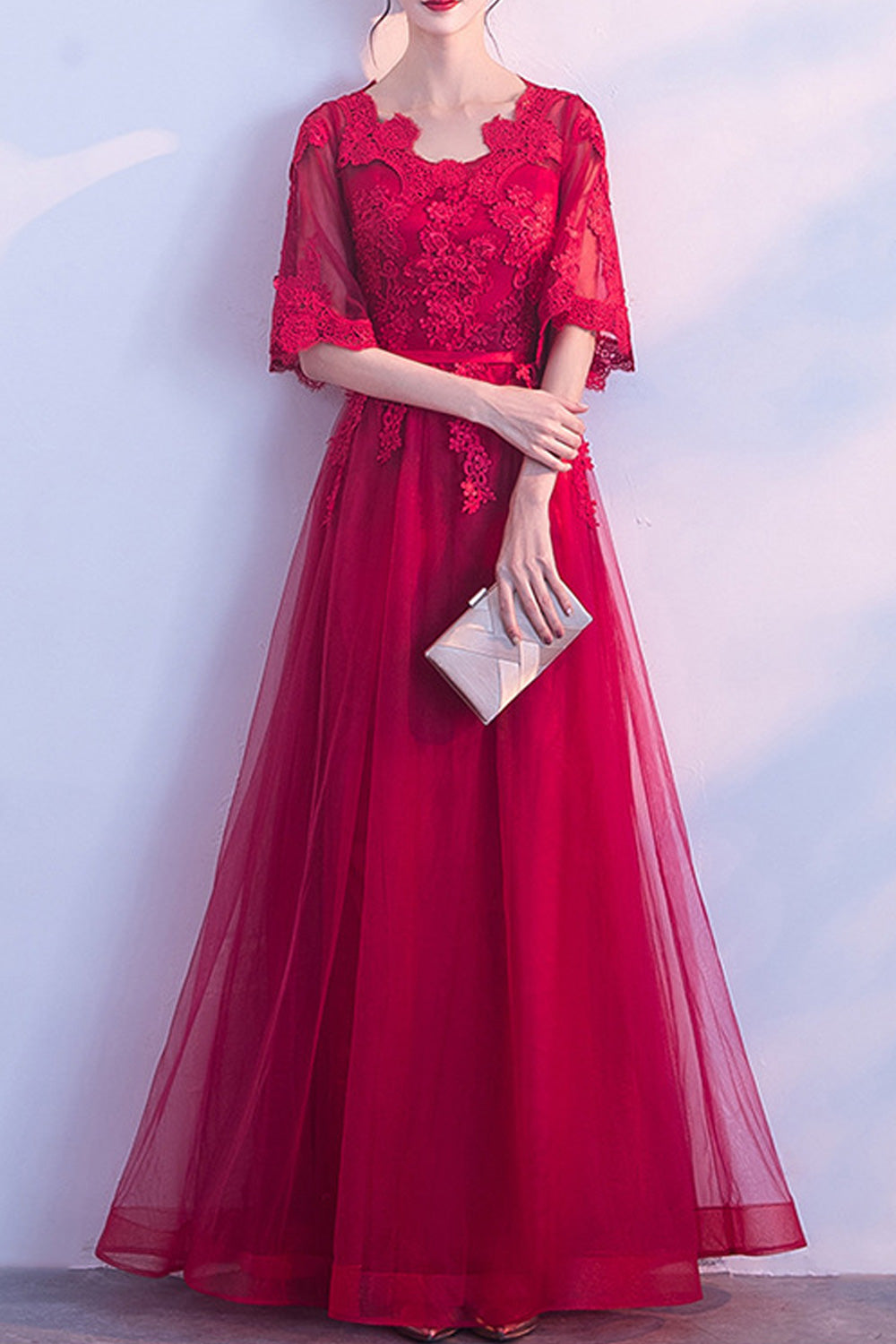 Women Beautiful Flower Attached Solid Colored Short Sleeve Wedding Dress