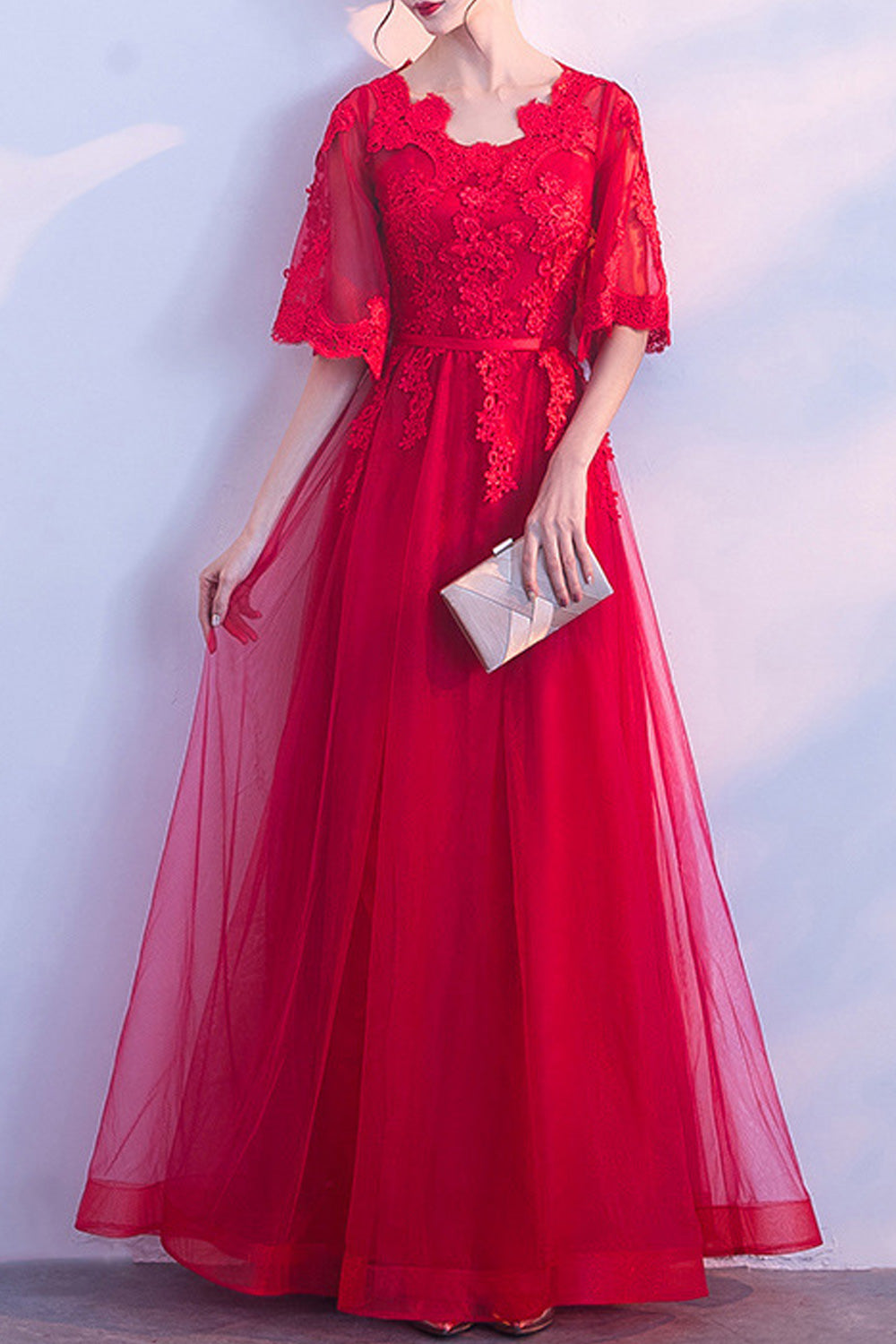 Women Beautiful Flower Attached Solid Colored Short Sleeve Wedding Dress