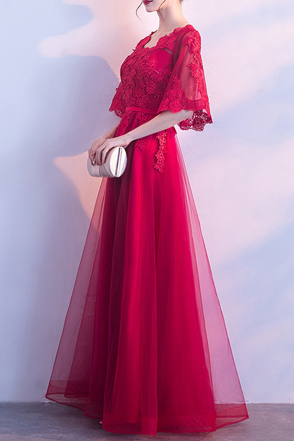 Women Beautiful Flower Attached Solid Colored Short Sleeve Wedding Dress