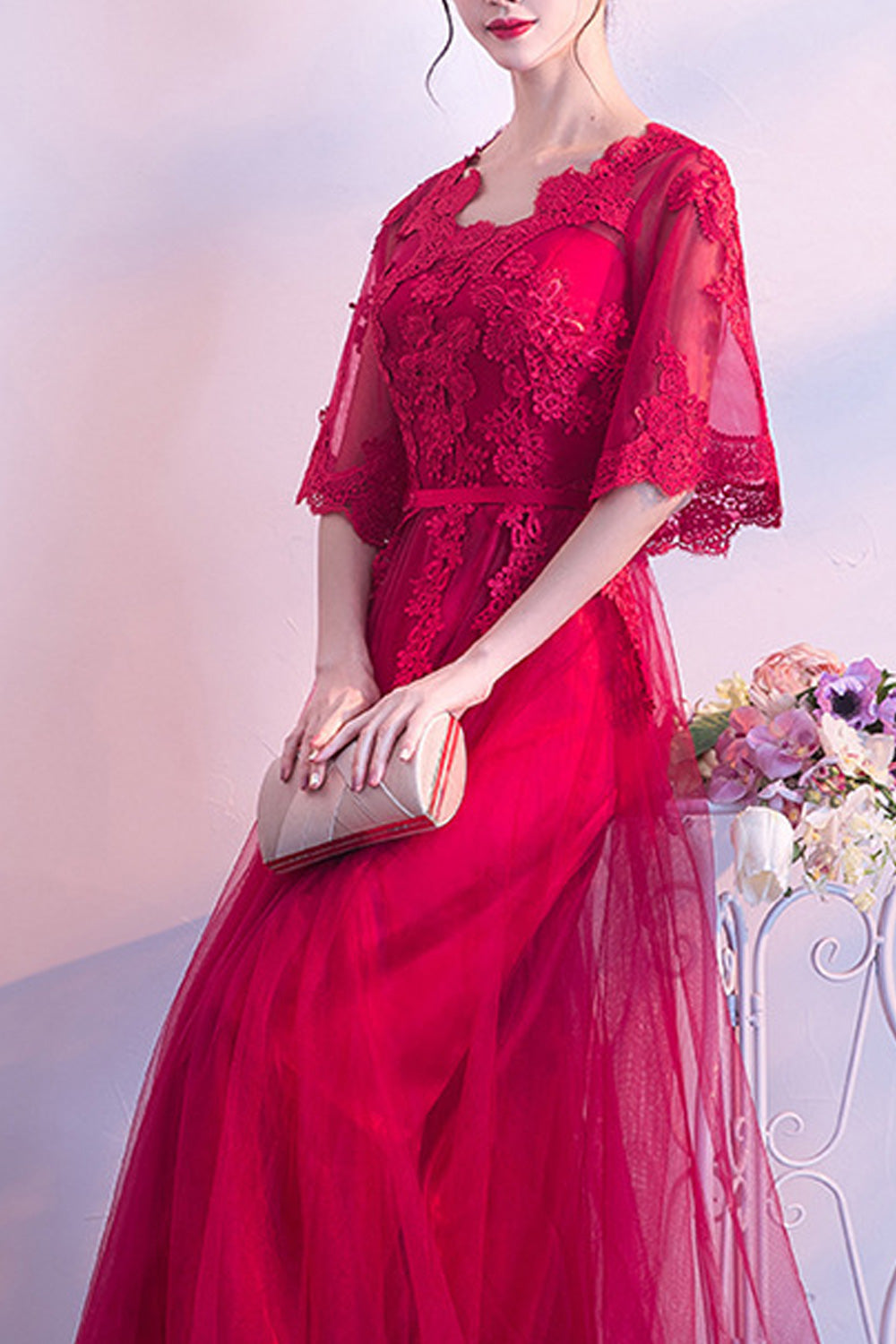 Women Beautiful Flower Attached Solid Colored Short Sleeve Wedding Dress