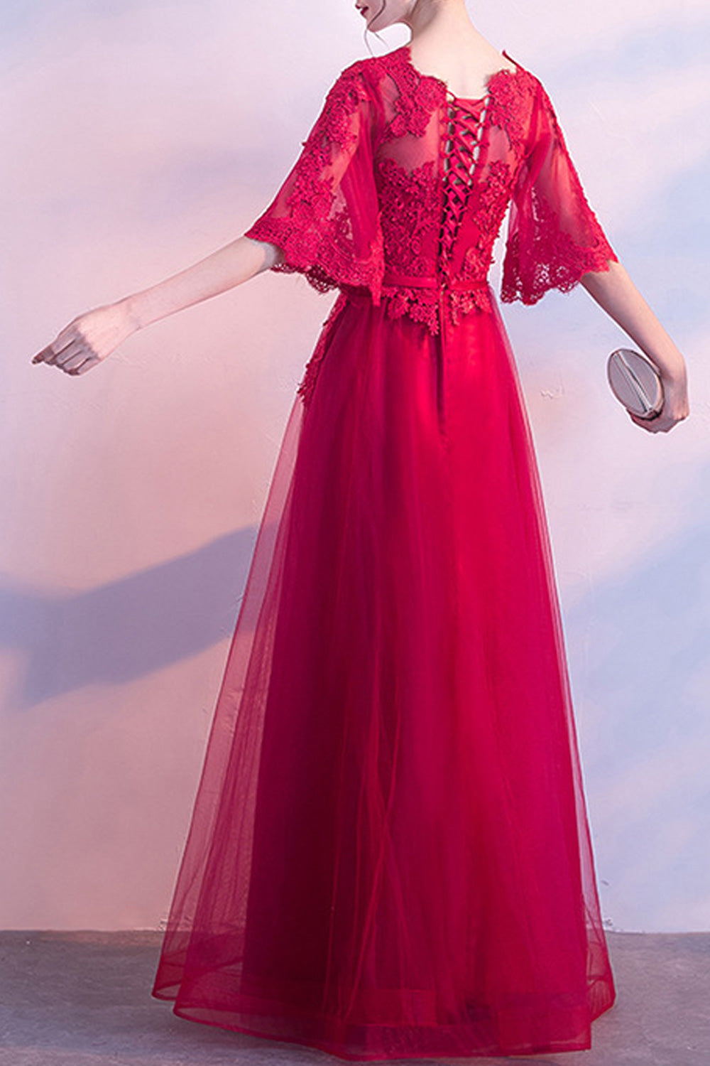 Women Beautiful Flower Attached Solid Colored Short Sleeve Wedding Dress