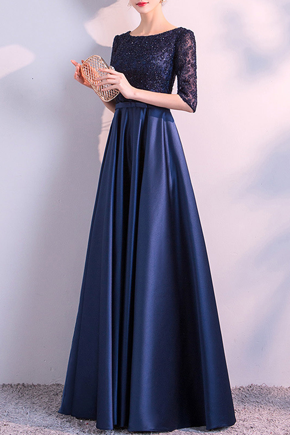 Women Slim Half Sleeve Round Neck Smooth Skirt Solid Pattern Wedding Dress