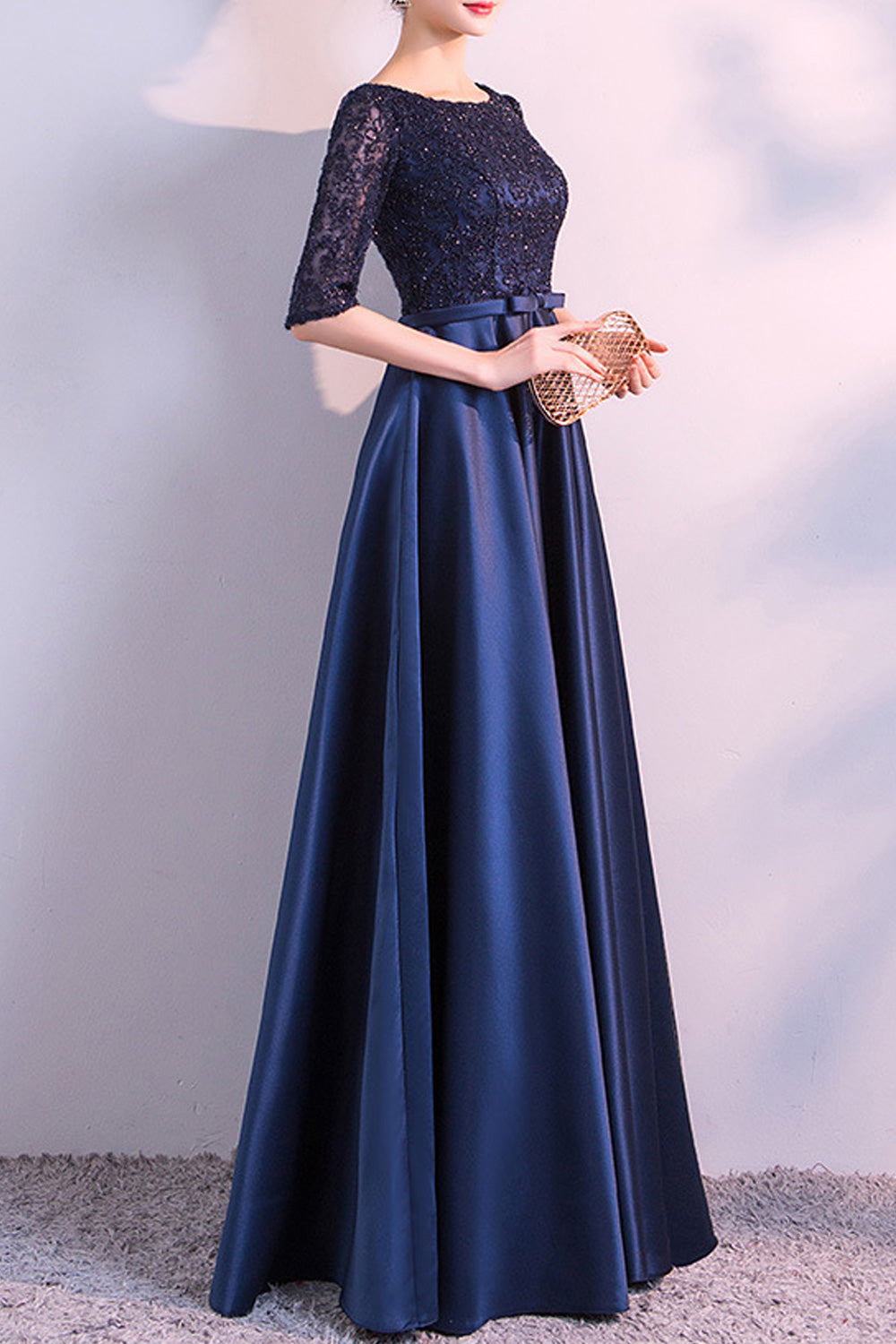 Women Slim Half Sleeve Round Neck Smooth Skirt Solid Pattern Wedding Dress