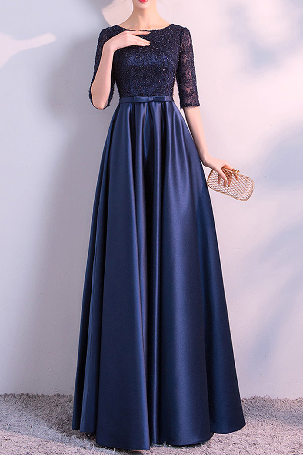 Women Slim Half Sleeve Round Neck Smooth Skirt Solid Pattern Wedding Dress
