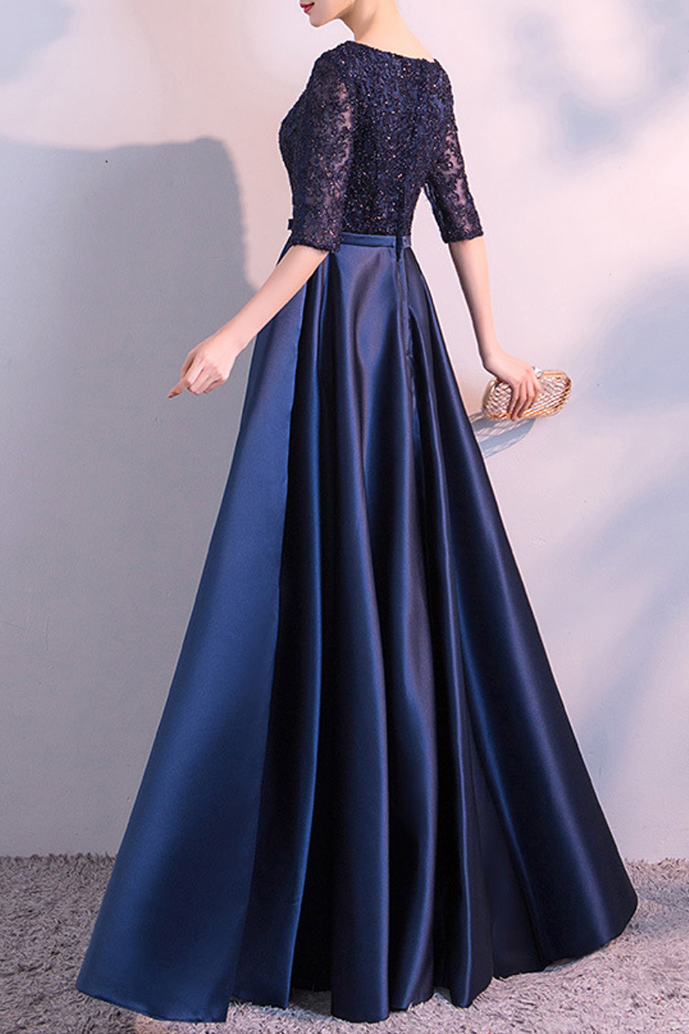 Women Slim Half Sleeve Round Neck Smooth Skirt Solid Pattern Wedding Dress