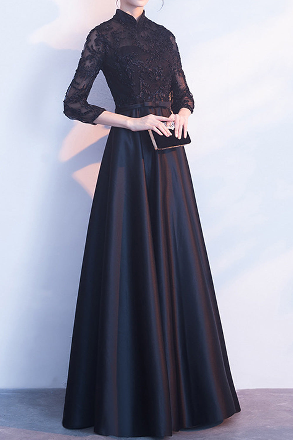 Women Stand Collar Neck Thin Long Sleeve Soft Wedding Dress
