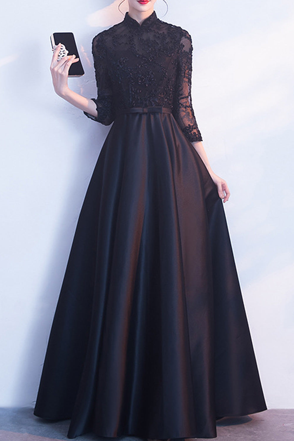 Women Stand Collar Neck Thin Long Sleeve Soft Wedding Dress
