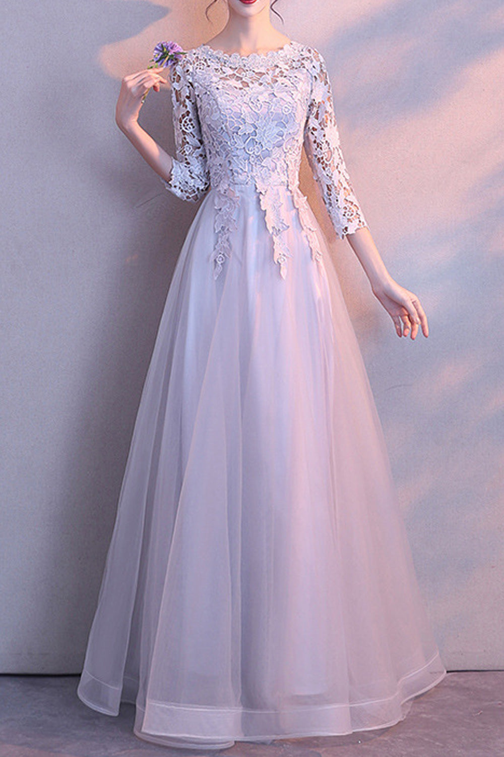 Women Lace Long Sleeve Classy Round Neck Thin Breathable Wedding Dress