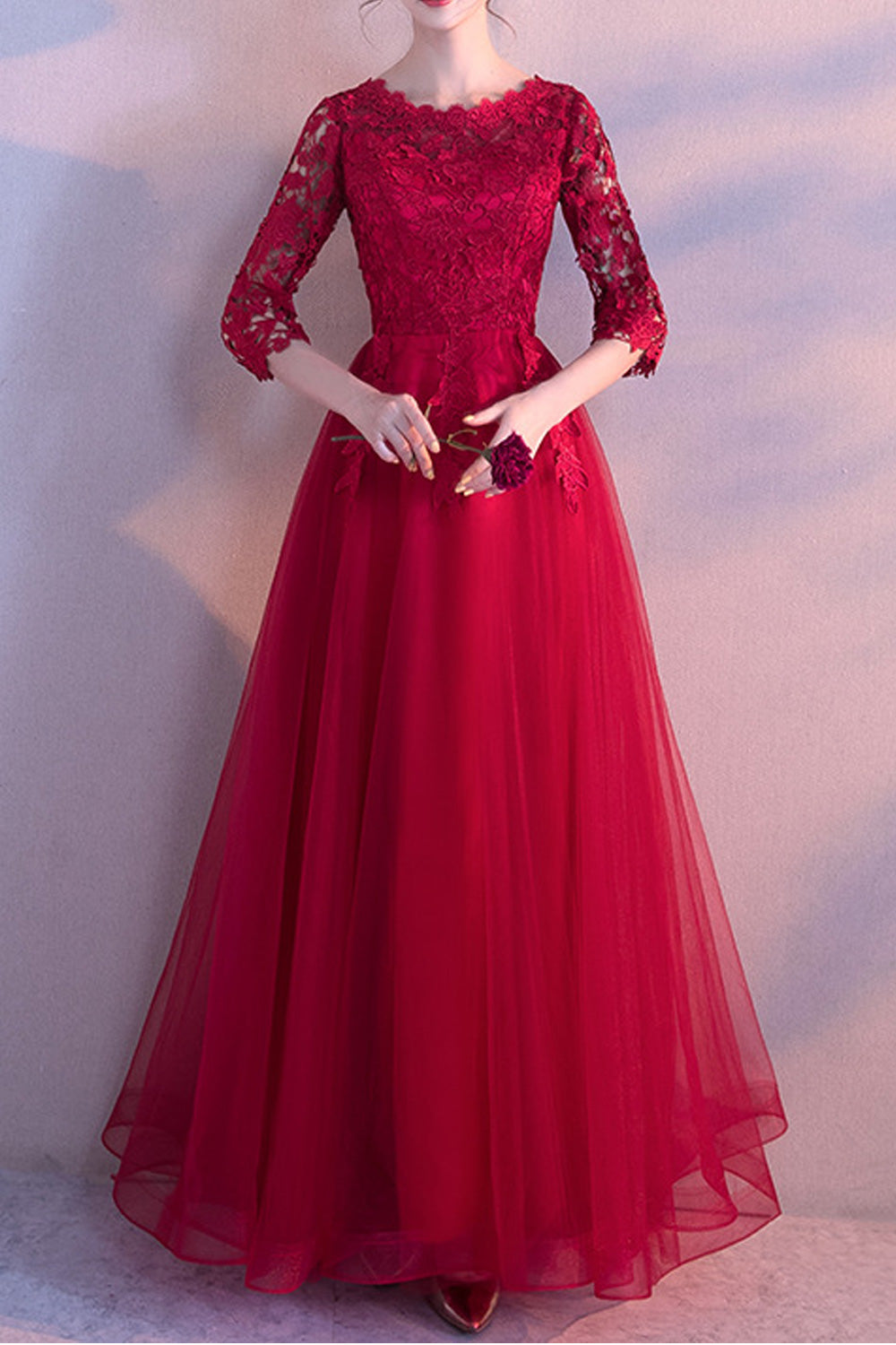 Women Lace Long Sleeve Classy Round Neck Thin Breathable Wedding Dress