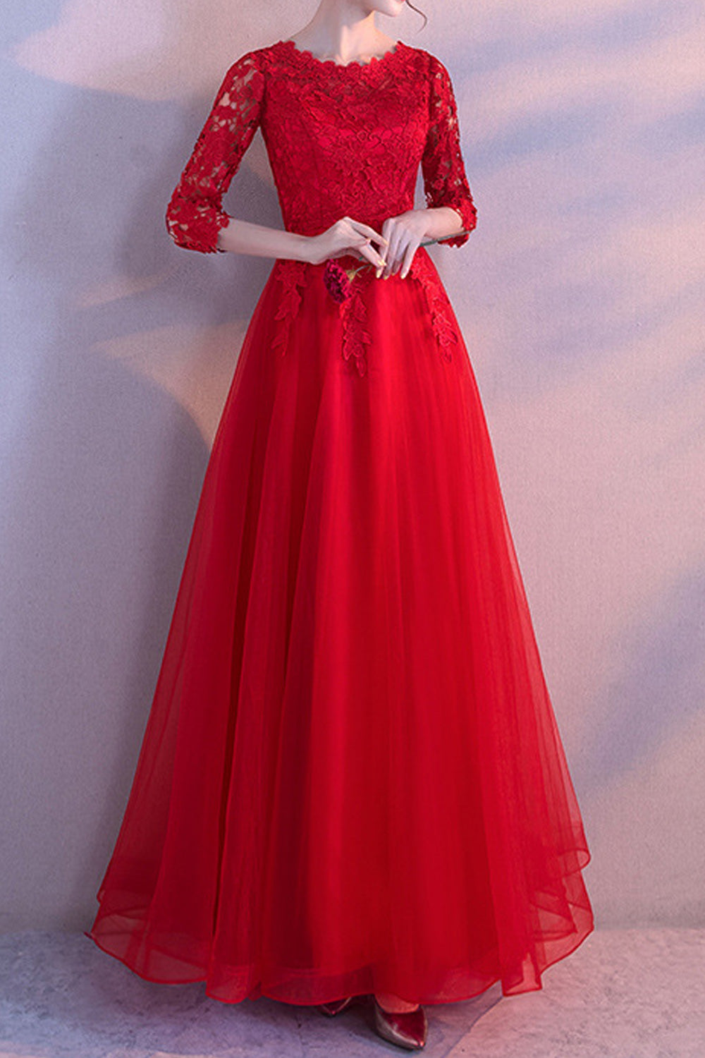 Women Lace Long Sleeve Classy Round Neck Thin Breathable Wedding Dress