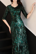 Women Half Sleeve V-Neck Style Shiny Embroidered Wedding Dress