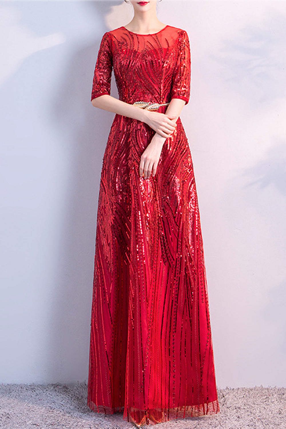 Women Round Neck Half Sleeve Slim Fit Shiny Sequins Decorated Evening Dress