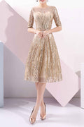 Women Round Neck Half Sleeve Slim Fit Shiny Sequins Decorated Evening Dress