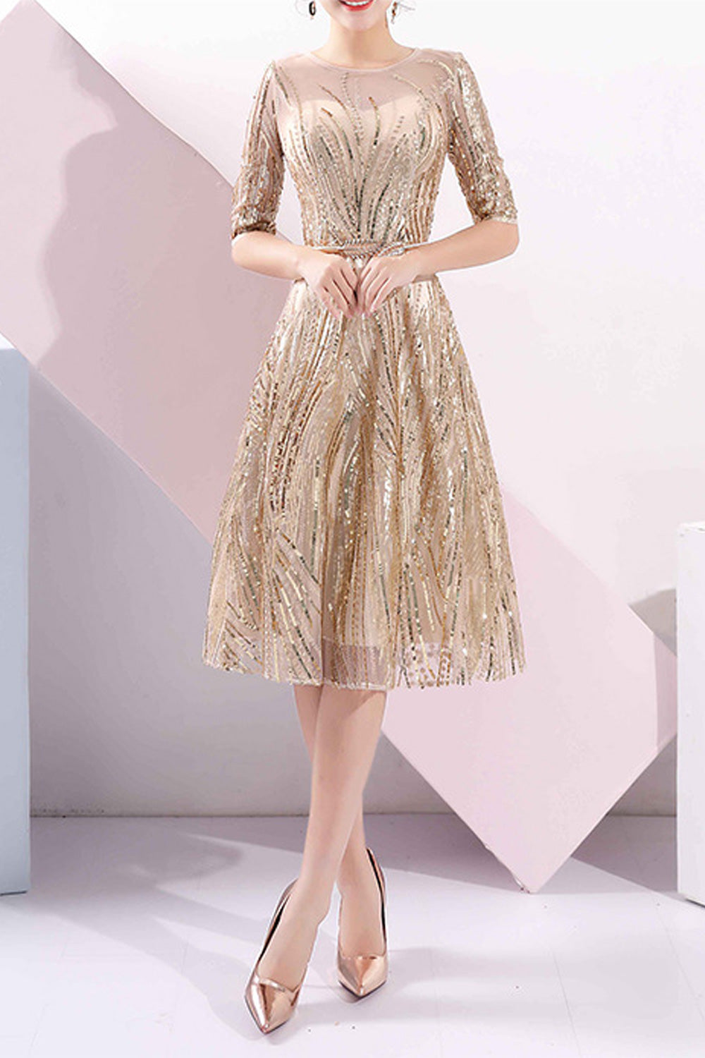 Women Round Neck Half Sleeve Slim Fit Shiny Sequins Decorated Evening Dress