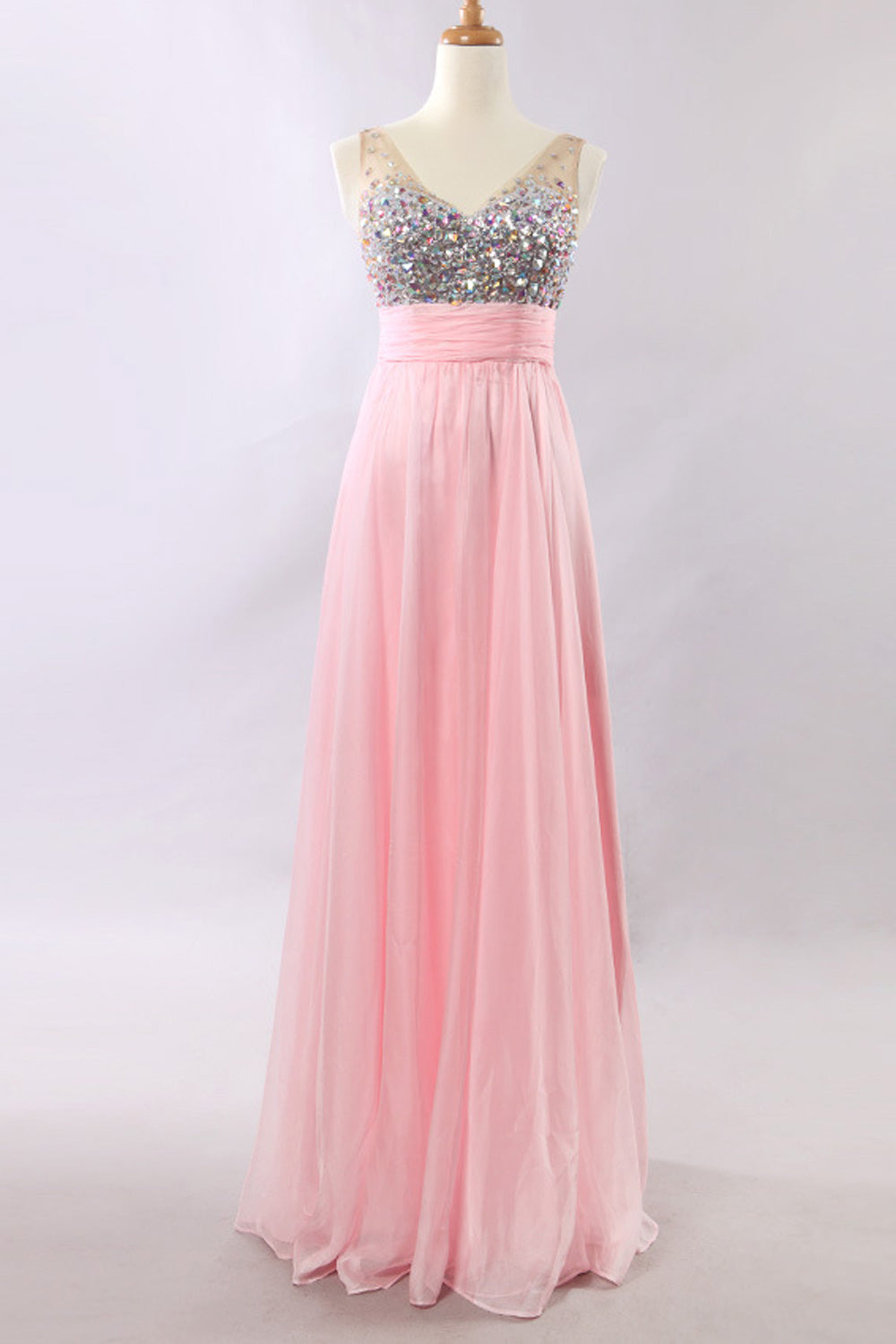 Women Shiny Beads Bust Deep V-Neck Style Smooth Soft Wedding Dress