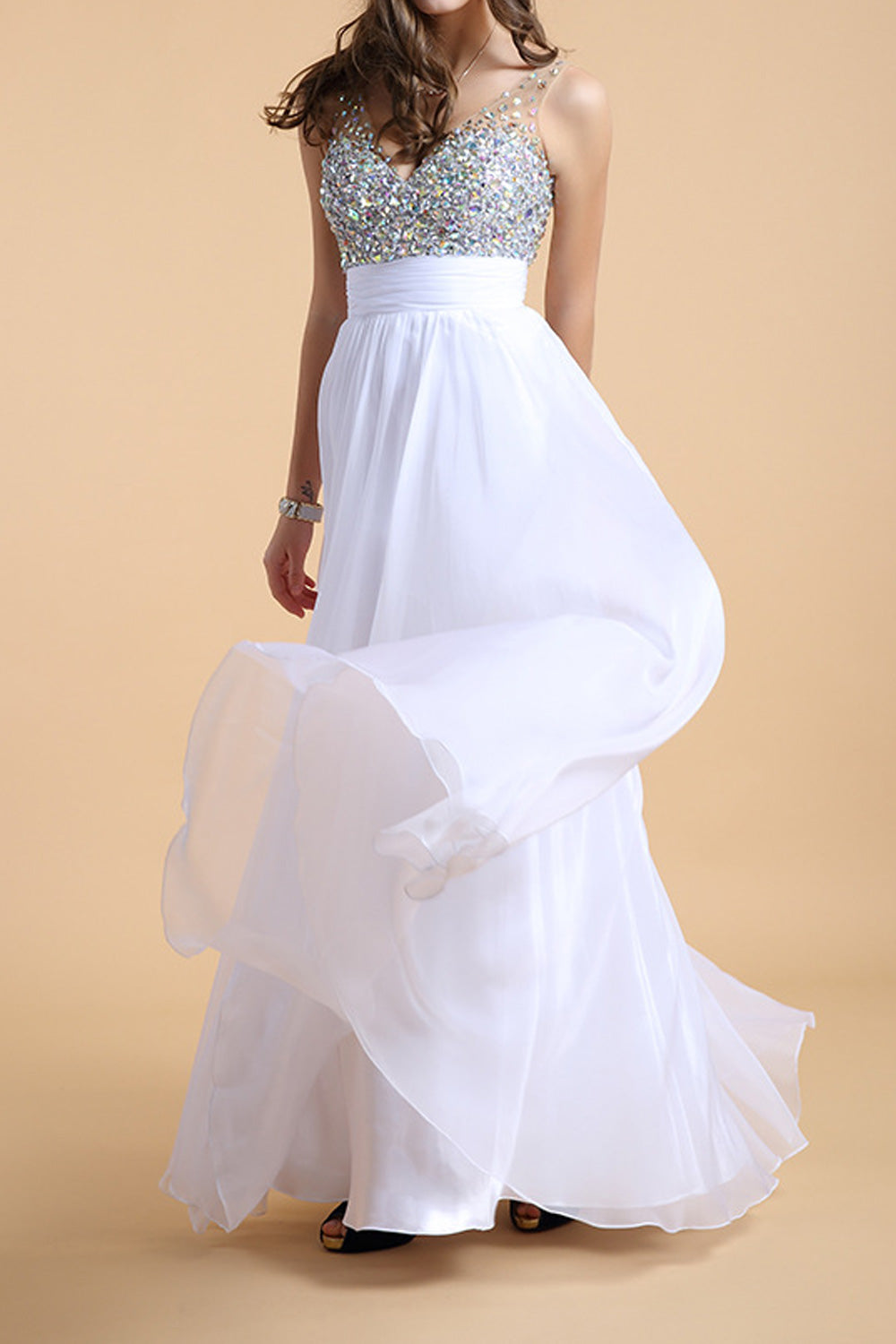 Women Shiny Beads Bust Deep V-Neck Style Smooth Soft Wedding Dress